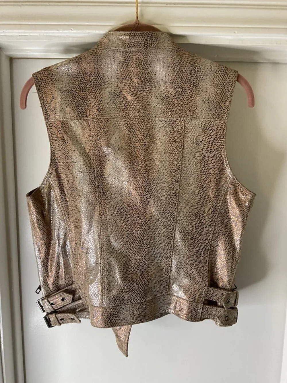 Topshop Gold Metallic Snakeskin Print Leather Vest Size 8 Motorcycle Glam